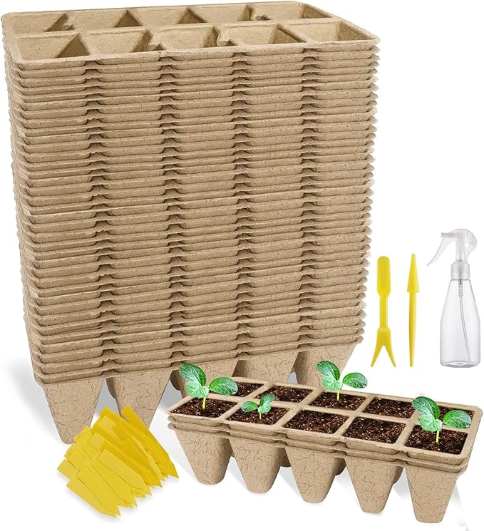 400 Cells Seed Starter Tray, 40 Pack Biodegradable Seed Starter Kit, Peat Pots for Seedlings with 400 Plant Labels, 2 Seed Planting Tool and 1 Spray Bottle