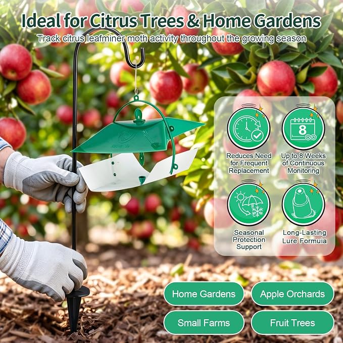 17 Pcs Reusable Leafminer Trap with Pheromone Lures, Bucket Style Insect Trap with 36.2'' Ground Stake, Outdoor Monitoring Tools for Citrus Trees Garden Orchard (2 Lures Included)