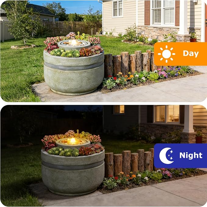 18" H Water Fountain Outdoor Bubbler Water Feature Outdoor with Lights and Built-in Planter Zen Garden Water Fountains for Patio Porch Deck Backyard Home Decor