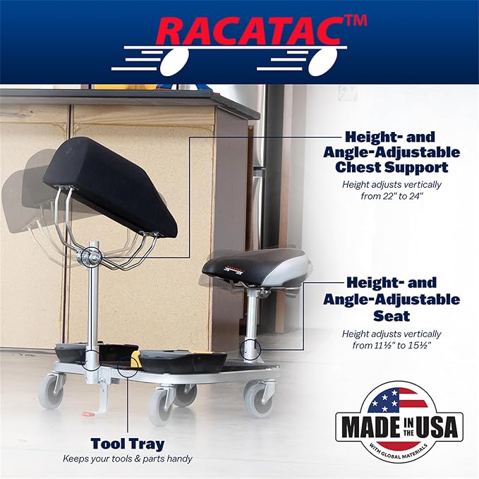 Racatac Kneeling Sitting Creeper with Chest Support, 2 Inch Casters, Rolling Knee Pads with Seat, Adjustable Seat, Knee Pads with Wheels, Assembled in USA, Floor Creeper, 01RACCS