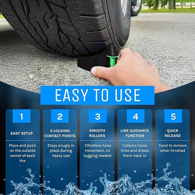 DETAIL GUARDZ Hose Guide – 4pcs Plastic Hose Roller for Cars, Trucks & Motorcycles - Car Wheel Rolling System Tool Preventing Stucking and Snagging Under Tires (Black)