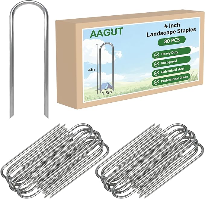 AAGUT 4 Inch Landscape Stakes 80 Pack Garden Drip Irrigation Tubing Stakes Heavy Duty 14 Gauge Galvanized Ground Staples Lawn U Hooks for Soaker Hose, Chicken Wire, Chain Link Fence, Dog Fence