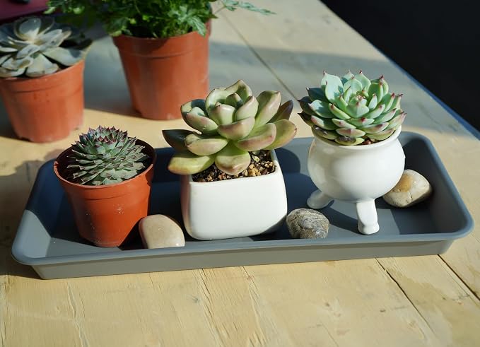VUWEZ 4 Pack Plastic Plant Trays - Rectangular 17 18 inch, Indoor/Outdoor Plant Water Drip Trays for Flower Pot Planter, Windowsill (7.8 x 17.5'', Gray)
