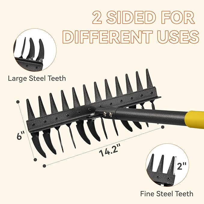77" Adjustable Bow Rake, Metal Head with 1.1-Inch Thick Stainless Steel Handle, Heavy Duty Garden Rake for Soil Loosening, Leaf Gathering, Lawn Leveling & Yard Management