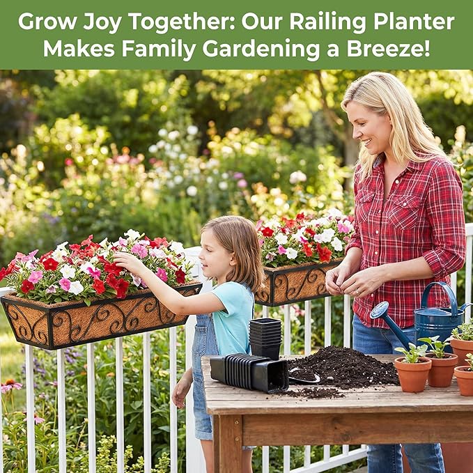 2PCS 30 Inch Railing Planter with Adjustable Brackets, Window Box with Coco Liner, Hanging Flower Box for Balcony Deck Fence, Metal, Black