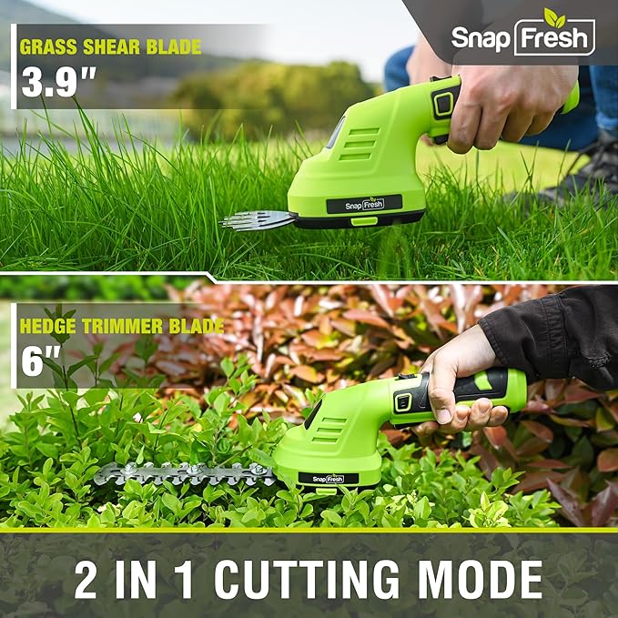 SnapFresh Cordless Hedge Trimmer & Grass Shears, 2-in-1 7.2V Handheld Mini Hedge Trimmer with 180° Rotating Head, Electric Bush & Shrub Trimmer, 2.0Ah Battery & USB-C Charging for Garden Yard Lawn
