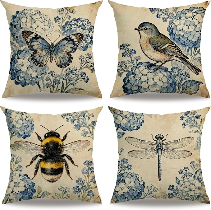 Vintage Floral Animals Pillow Covers 18x18 Inch 4 Pack, Butterfly Bird Bee Dragonfly Rustic Cottagecore Cushion Cases, Farmhouse Retro Flower Home Decor Pillow Cases for Sofa Bedroom Decor (Navy Blue)