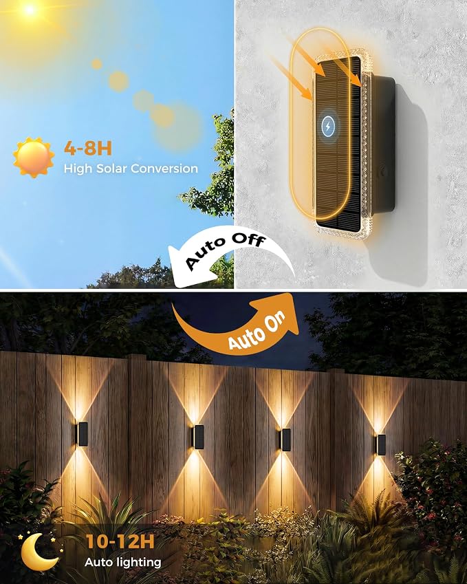 vighep Solar Fence Lights Outdoor 4 Pack, 5CCT(3000K-6000K) Up and Down Solar Wall Lights, IP65 Waterproof Dusk to Dawn Fence Lights Solar Powered for Patio, Porch, Backyard, Garage, Wall Decor