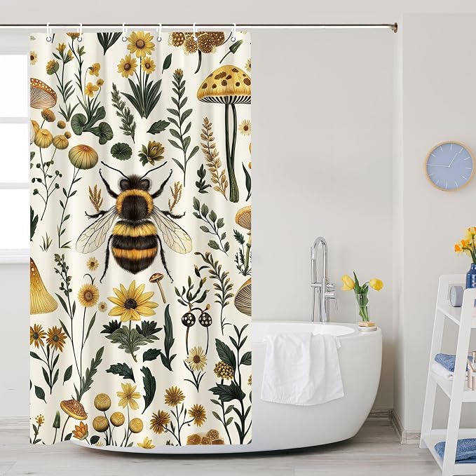Rustic Boho Mushroom Shower Curtain, Vintage Chic Bee Mushroom Botanical Floral Farmhouse Cottagecore Aesthetic Shower Curtain Set with Hook, Fairy Witchy Plant Shower Curtain for Bathroom 36X72 Beige