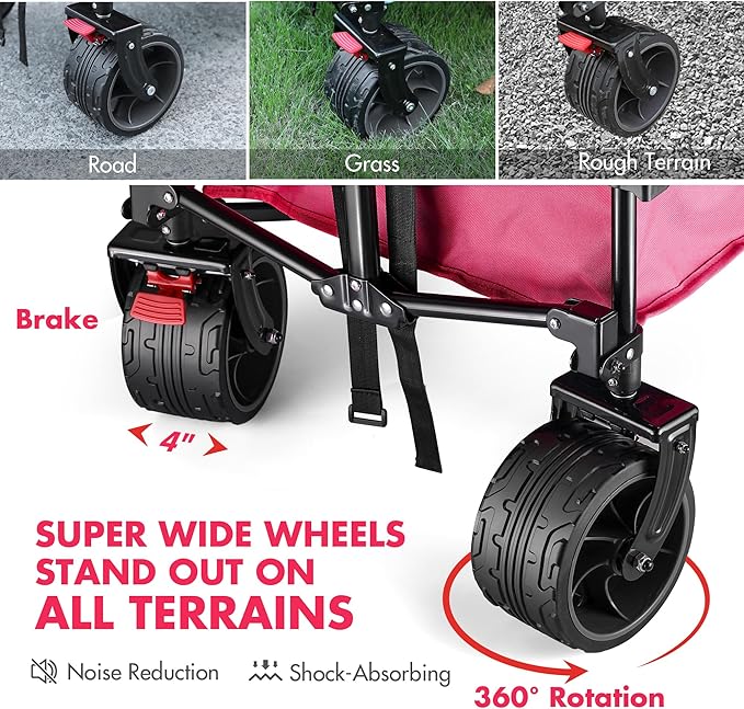 VILLEY Collapsible Folding Wagon with Big Wheels, Enlarged 225lbs Capacity, All Terrain Wagons Carts Heavy Duty Foldable, Portable Utility Garden Cart with 2 Cup Holders and Brake, Pink.