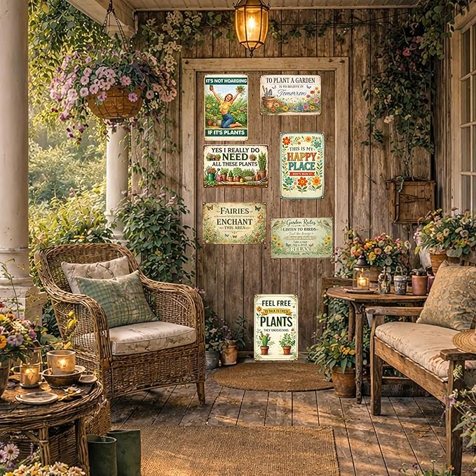 7 Pcs Vintage Garden Metal Signs Retro Garden Wall Decor – Rustic Farmhouse Signs for Home, Patio, Greenhouse & Plant Lover Gifts (12x8 Inch)