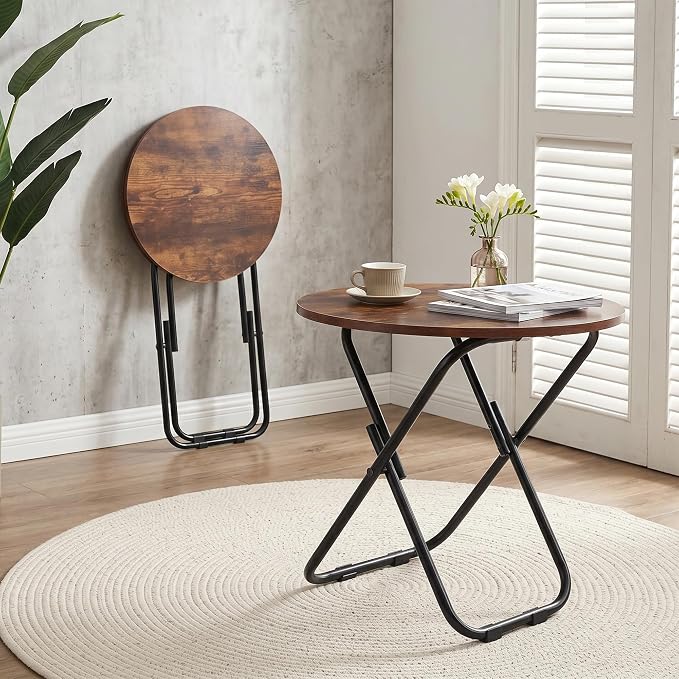 VECELO Patio Outdoor Side Table Set of 2,17.7 inch Small Folding Table Round Waterproof Wood Table,Foldable Anti-Rust Metal Legs Snack Desk for Garden Balcony,Yard,Living Room