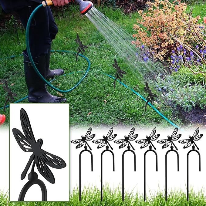 MorningRo 6 Pcs 8 Inch Garden Hose Guide Spike Metal Garden Stakes Holder Heavy Duty Metal Hose Guide for Plant Protection Lawn Yard(Dragonfly)