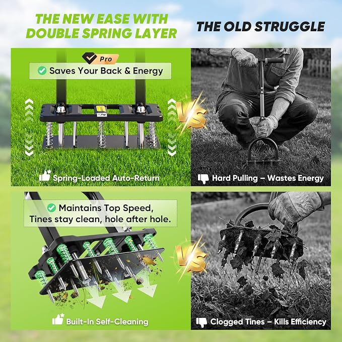 Sakerplus Aerator Lawn Tool, Spike Lawn Aerator with Auto-Return Self-Cleaning Tines, Anti-Fatigue Comfort Pad, Reinforced Anti-Breakage Joints, 15 Steel Tines for Garden Healthy Grass Aeration -Black