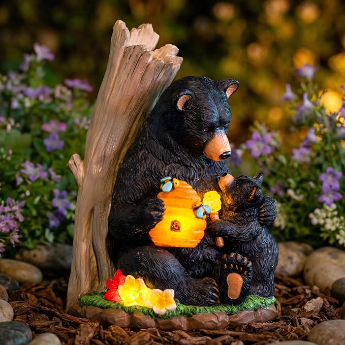 C&Y&G&X Solar Black Bear Garden Statue with Light-Up Beehive & Honey Dipper, Outdoor Resin Animal Sculpture Yard Art Decor for Patio, Lawn, Porch, and Housewarming Gift