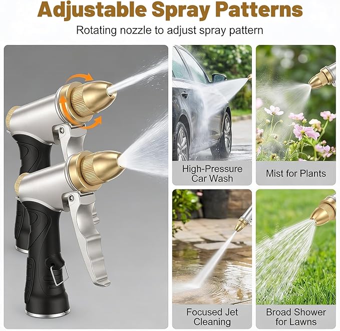 2 Pcs Heavy Duty Metal Garden Hose Nozzle, High Pressure Sprayer with Adjustable Patterns for Watering Plants, Car Washing, Pet Showering