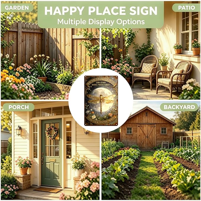 2D Flat Funny Garden Signs, Touch Dragonflies And Dance With Fairies Vintage Garden Decor, Outdoor Wall Decor for Patio Yard Greenhouse, Waterproof Dragonfly Gift for Home 8x12 Inch