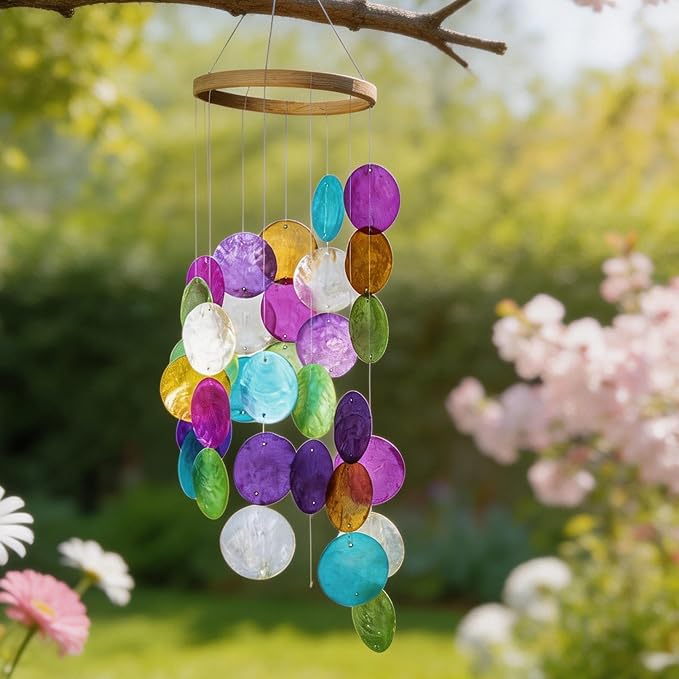 YUFENG Wind Chimes Outdoor Decor, Metal Memorial Windchimes Hanging Decoration for Garden Home Yard and Christmas Tree, 19.6''Rainbow Capiz Seashell Handmade Painted Coastal Mobile