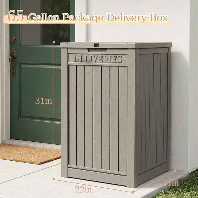 Outdoor Storage Box, 65 Gallon Package Delivery Boxes for Outside, with Lockable Secure, Deck Box Outdoor Waterproof for Entryway, Front Porch, Backyard, Garden, Patio, Lawn, Grey