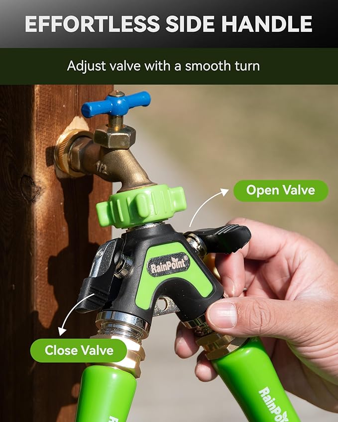 RAINPOINT Garden Hose Splitter 2 Way, All Metal Heavy Duty Water Hose Y Splitter With 2.05" Extra Long Side Handle & Shut Off Valves, 3/4 Inch GHT Thread Connector For Outdoor Spigot Faucet (Green)