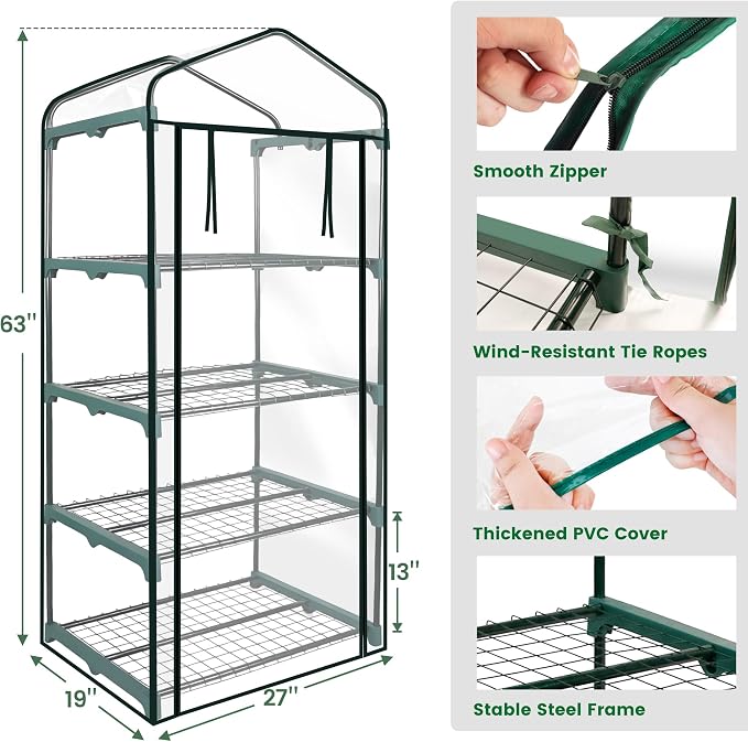 Worth Garden 4 Tier Mini Greenhouse - 63'' H x 27'' L x 19'' W - Sturdy Portable Gardening Shelves with PVC Cover - Small Green House Use in Indoor & Outdoor for Plants Flowers