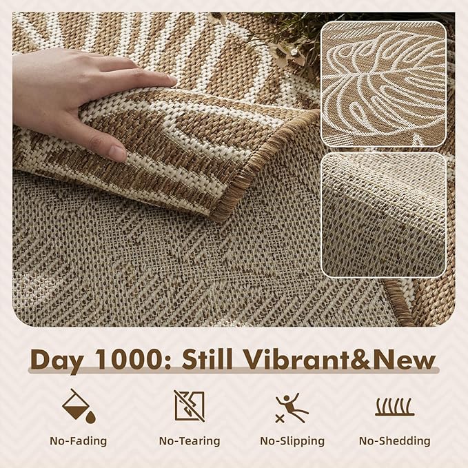 MontVoo-Outdoor Rug-Patio Rug 6x9 ft Polypropylene Indoor Outdoor Rugs Outdoor Carpet for Patio Deck Balcony Porch, Textured Weave, Durable for High Traffic, Fade-Resistant, Tropical Neutral Brown