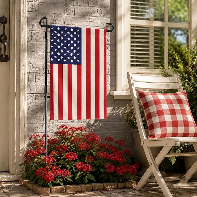 URSKYTOUS Garden Flag Stand with American Garden Flags 12×18 Inch Heavy Duty Flag Pole Holder with Clips and Stopper Small Double Sided American Flags for Outdoor Yard Patio Lawn 4th of July Decor