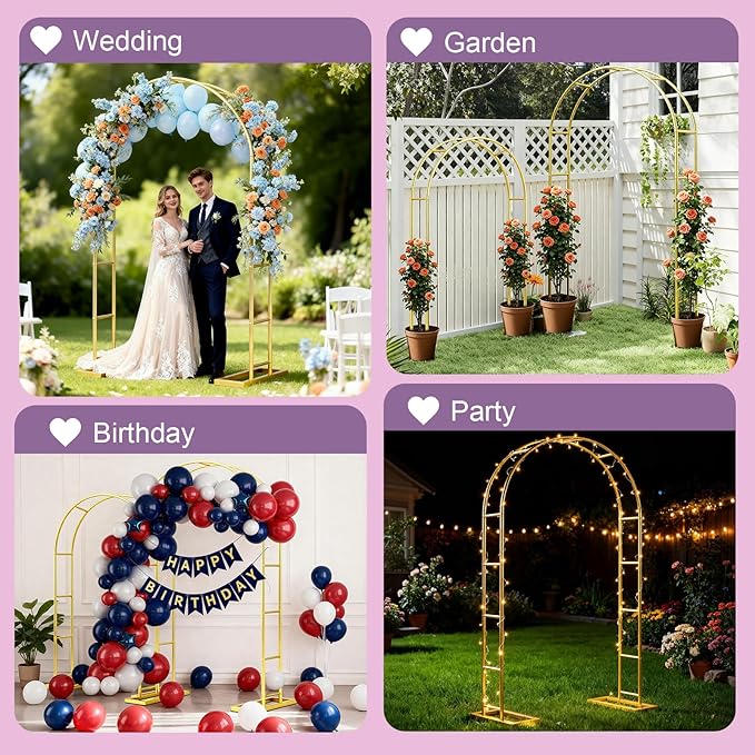 Metal Garden Arch Trellis Arbor Set of 2, 7.2FT+6FT Wedding Arch Stand with Steel Frame, Metal Pergola Arbor with Base for Decor Valentines Day Garden Trellis Climbing Plant, Bridal Party Ceremony