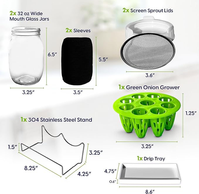 Premium Seed Sprouting Kit & Green Onion Regrower – 2 Wide-Mouth Mason Jars with Sprout Lids, Stainless Stand, Drain Tray, Blackout Sleeves & Cleaning Brush for Broccoli, Alfalfa & Mung Beans