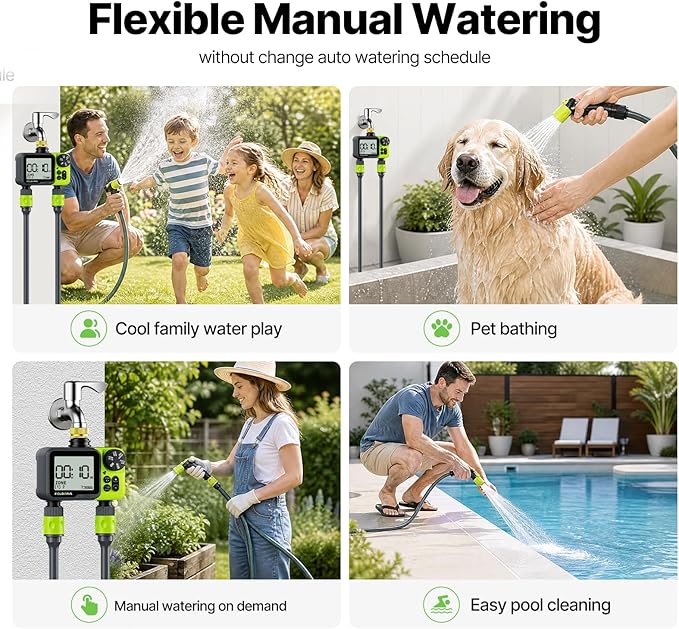 Sprinkler Timer- Water Timer for Garden Hose, Brass Inlet Programmable Watering Timer, Rain Delay Outdoor Soaker Auto& Manual Irrigation Controller System for Yard Lawn Greenhouse, 2 Outlets