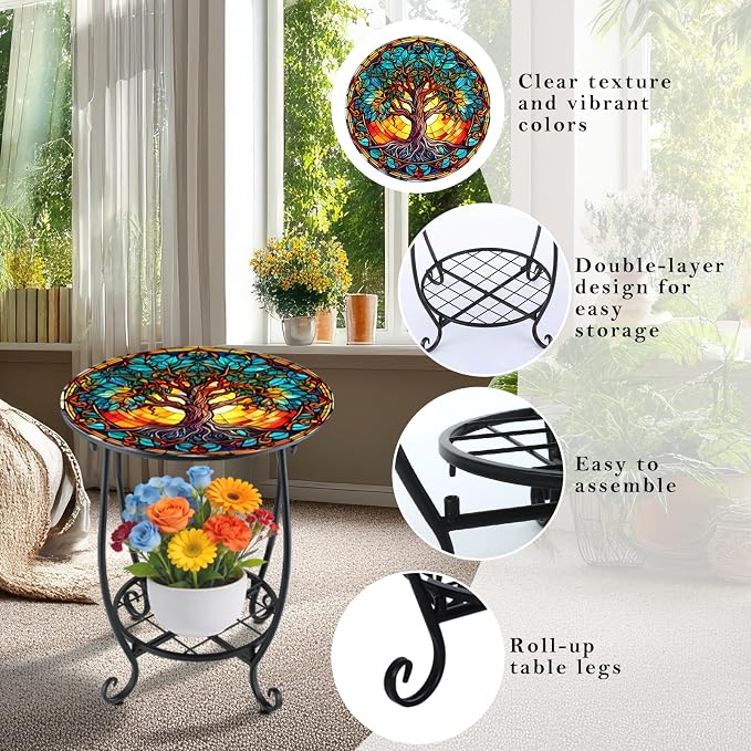 Cinnvoice Outdoor Side Table Round Small Mosaic Patio Accent Indoor End Plant Coffee Tea Table for Yard Patio Porch Garden Living Room, Bedroom(Tree of Life Style,12 Inch)