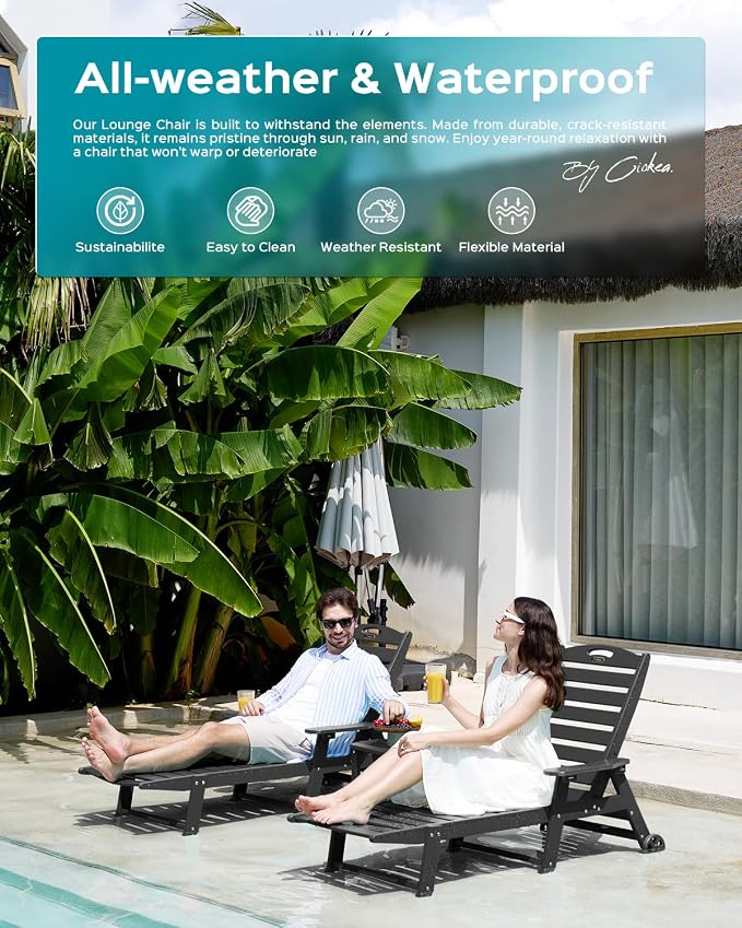 Ciokea Outdoor Lounge Chair Set of 4, All Weather Patio Chaise Lounge Chair for Outside, HDPE Chair with Rolling Wheels & Cup Holder, 5 Position, Deck, Pool, Black
