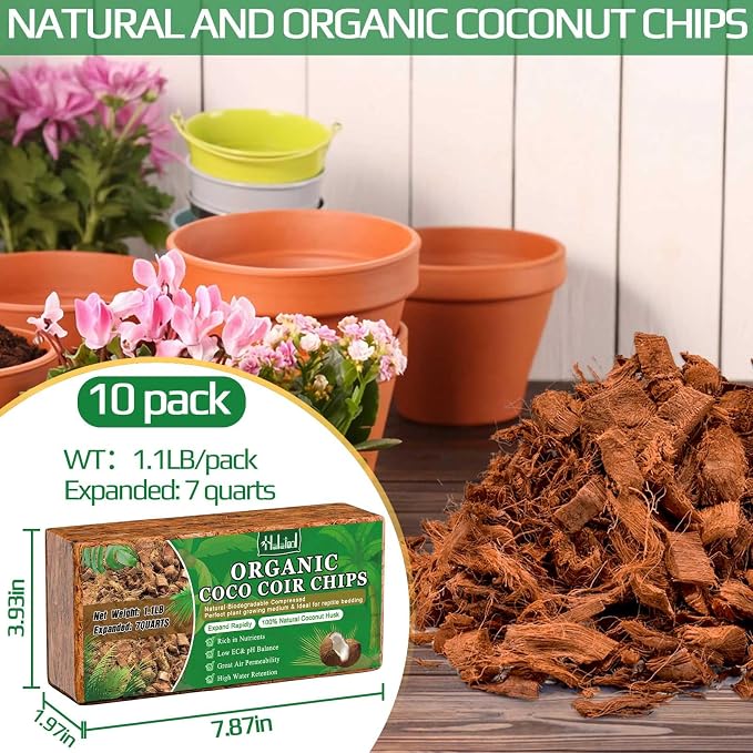 Halatool 10 Pcs Coco Husk Chips for Plants - 11 LB 100% Organic Coconut Coir Chips with Low EC and pH Balanced, Compressed Coco Substrate Growing Mulch Medium for Landscaping, Herbs, Plants, Flowers
