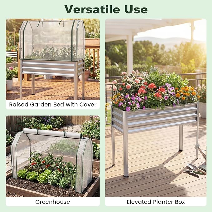 Giantex Raised Garden Bed with Legs & Greenhouse Cover, 44x22x60 Elevated Metal Planter Box with Roll-up Door, Outdoor Mini Greenhouse for Vegetable Flower Herb Patio Balcony (Silver,1)