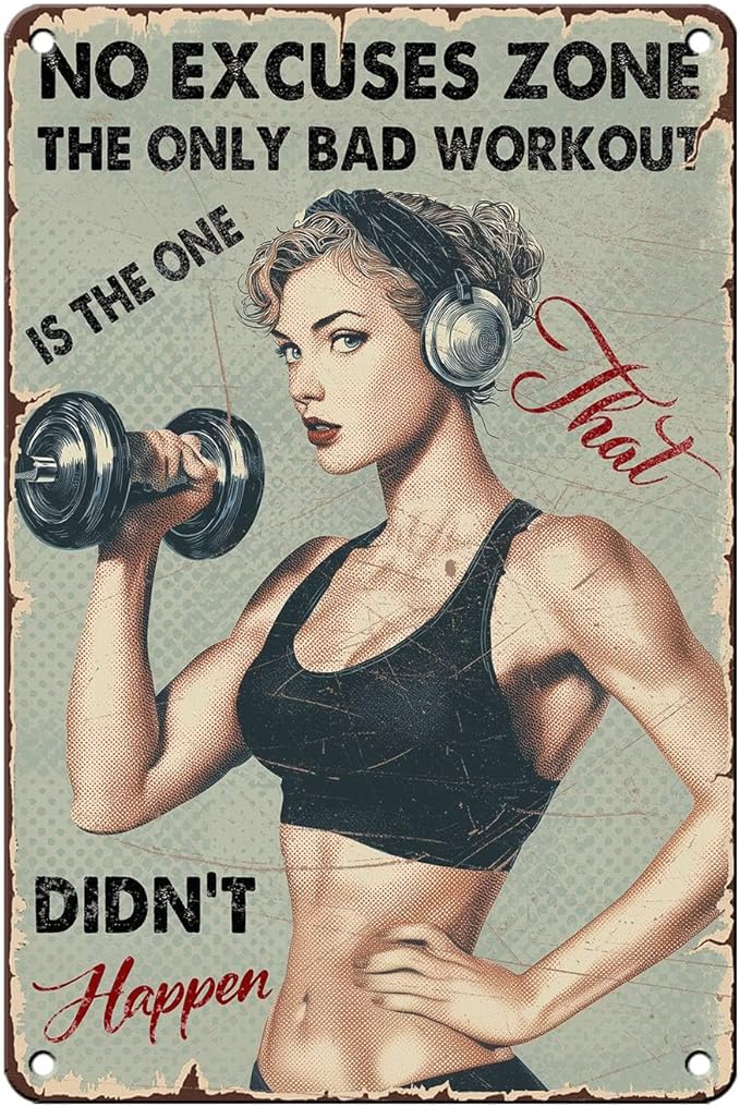 No Excuses Zone Vintage Gym Tin Sign for Women Home Gym Decor Motivational Metal Wall Art Retro Fitness Room Sign for Workout Room Garage Gym She Shed 12x8 Inch