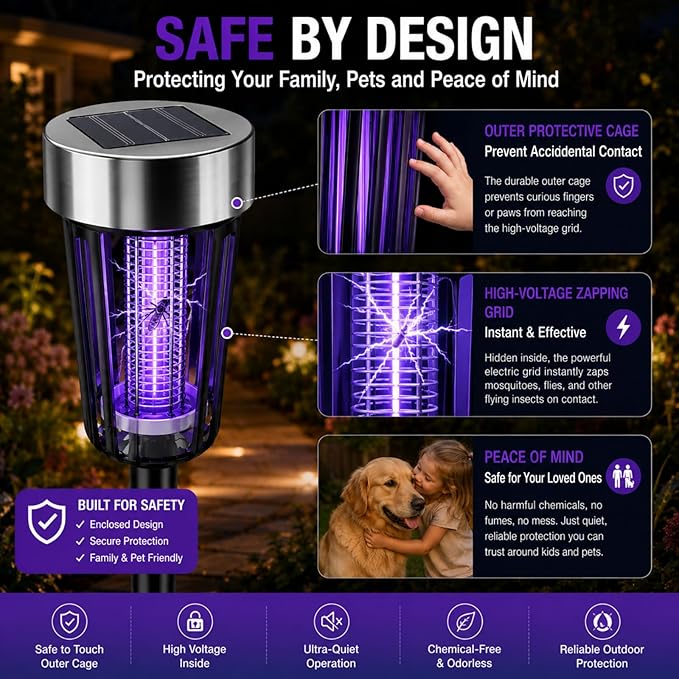 2026 Solar Bug Zapper Outdoor,4 Pack Mosquito Repellent Outdoor Patio IP65 Waterproof, Auto On/Off with Purple or White Light,Solar Powered Insect Zappers for Gnats Flies Bugs for Yard Garden Pathway