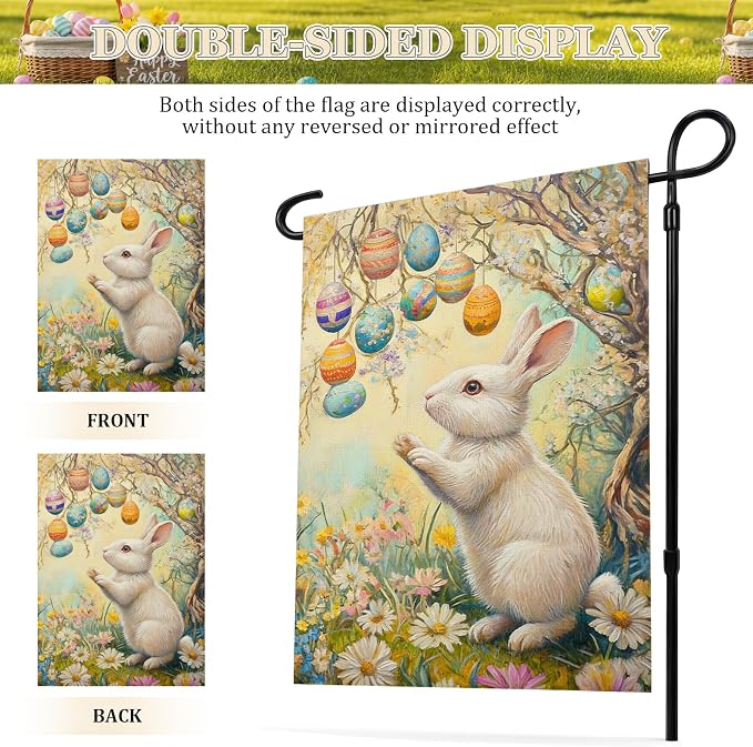 Easter Garden Flag 12x18 Inch Double Sided for Outside, Burlap Bunny Flowers Yard Flags Decor, Farmhouse Easter Floral Eggs Outdoor Holiday Decoration