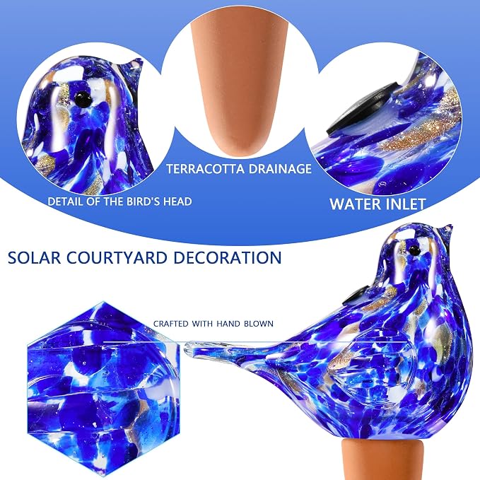 Plant Watering Globes, Bird Glass Self Watering Planter Insert - Glass Plant Water Globes for Daily Use, Planter Spikes to Support Indoor & Outdoor Plant Health, Dark Blue