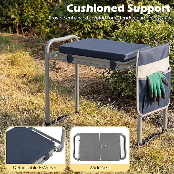 Goplus Foldable Garden Kneeler and Seat, 11" Wide 2-in-1 Gardening Bench, Detachable Thick EVA Foam Pad, 350 lbs Heavy-Duty Metal Frame, Tool Pouch, Portable Stool, Gardening Kit for Seniors (Blue)