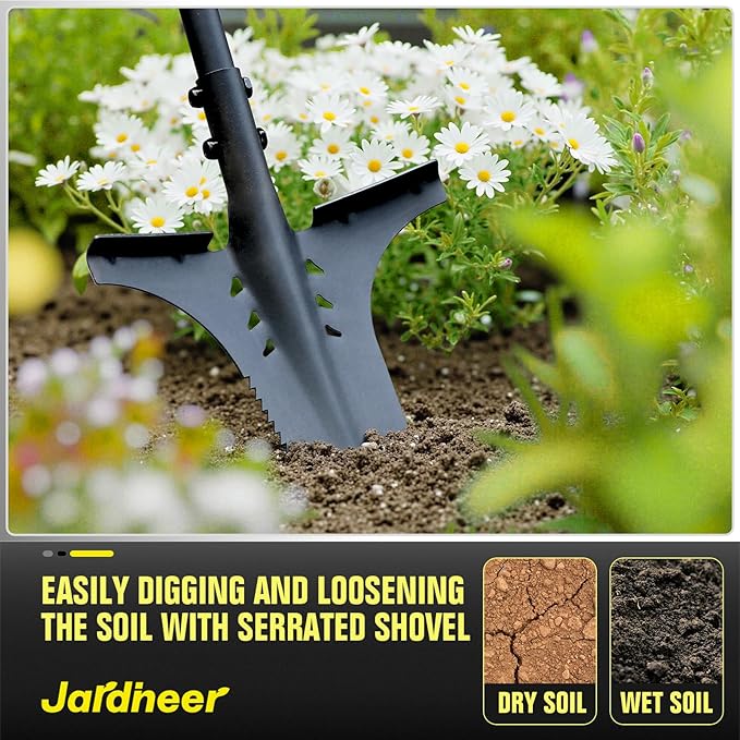 Jardineer Updated Root Shovel, Gardening Shovel Heavy Dutywith Serrated Edge and V-Cut Tip, 44.5" Digging Shovel for Gardening, Camping and Trenching, Ergonomic T-Handle Metal Shovel