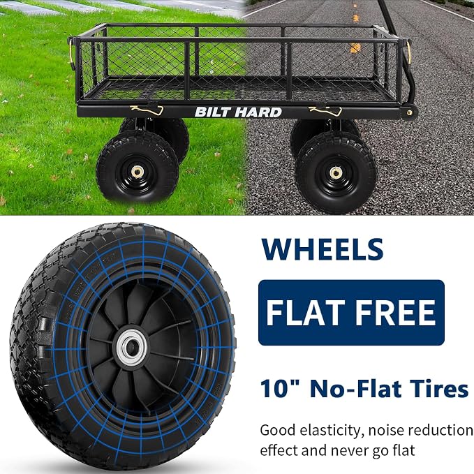 BILT HARD 10" Flat Free Tires Heavy Duty Garden Cart with 180° Rotating Handle and Removable Sides, 4 Cu.Ft 880 lbs Capacity Utility Steel Wagons for Outdoor, Yard