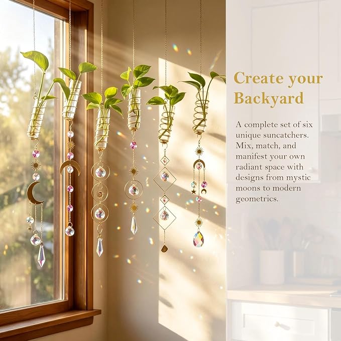 HDCRYSTALGIFTS 4Pcs Crystal Suncatchers with Propagation Stations,Glass Wall Planters for Indoor Plants Hydroponics - Propagation Tubes Jars with Sun Catchers Metal Chain for Home Whimsical Decor