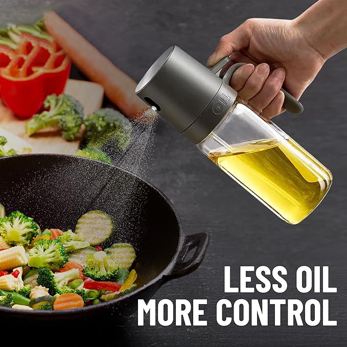 Oil Sprayer Kitchen Gadget for Cooking High Borosilicate Glass Oil Sprayer Mister, 250ml Olive Oil Spray Bottle for AirFryer, Salad, BBQ, Kitchen Baking, Roasting, Dark Gray