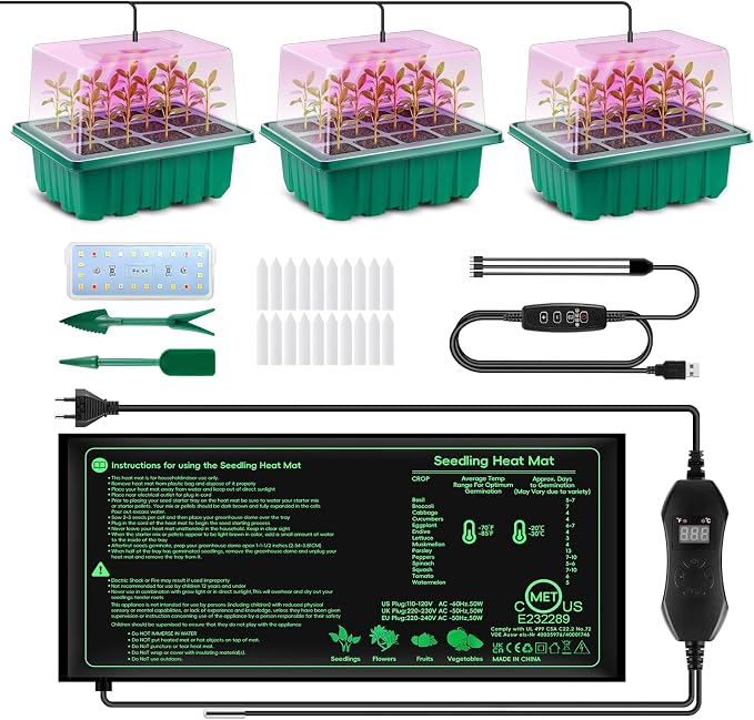 Verdenu 3PK Seed Starter Tray with Grow Lights and Tempe-Control Heat Mat, 36-Cell Large Seedling Starter Kit with Humidity Dome, Adjustable LED Lighting for Seed Germination,Temperature Adjustable