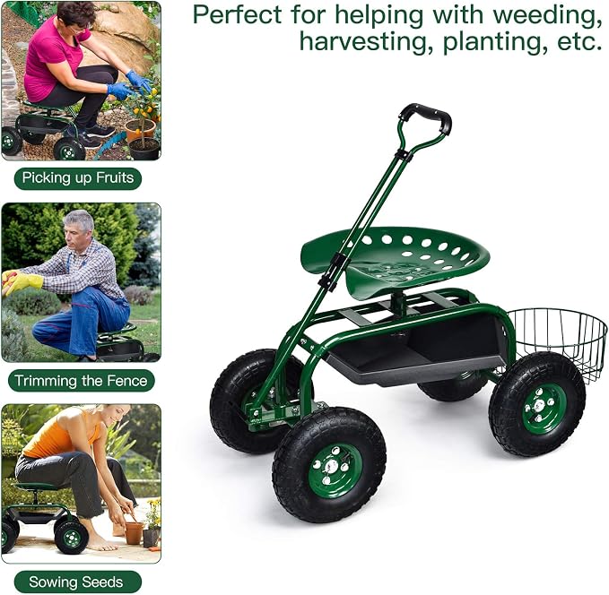 IRONMAX Garden Cart with Seat, Gardening Rolling Stool Scooter with 10’’ All-Terrain Wheels, Adjustable Steering Handle, Tool Tray and Basket, Outdoor Work Seat for Planting (Green)