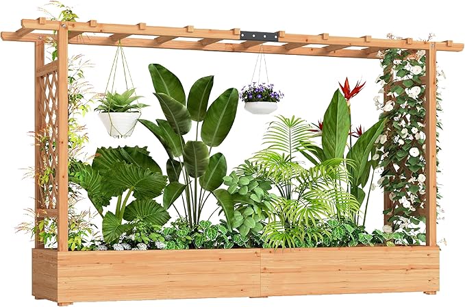 Outsunny Raised Garden Bed with Trellis, Wooden Planter Box with Drainage Holes and Hanging Roof, Outdoor Flowers Box for Herbs, Vegetables, Climbing Plants, 78.7" x 17.3" x 44.7"