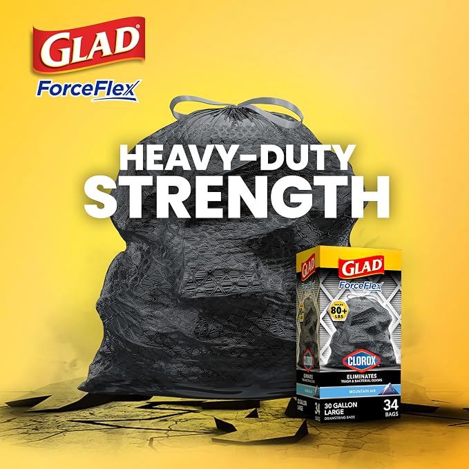 Glad ForceFlex Heavy Duty Trash Bags With Clorox, Mountain Air, 30 Gal (Package May Vary) 50 Count (Pack of 3)