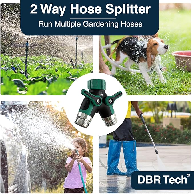 DBR Tech® Hose Splitter 2 Way, Heavy Duty Metal Connector, Two Way Garden Hose Splitter, High Flow Spigot Faucet Bib Adapter, Solid Double Y Shut Off Valve for Outdoor Gardening Hoses, Green