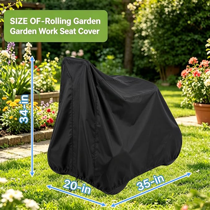 Garden Cart Cover 35in Rolling Garden Work Seat Cover Waterproof 600D Oxford 35x20x34 in with Drawstring Handles for Outdoors Lawns Yards, Black
