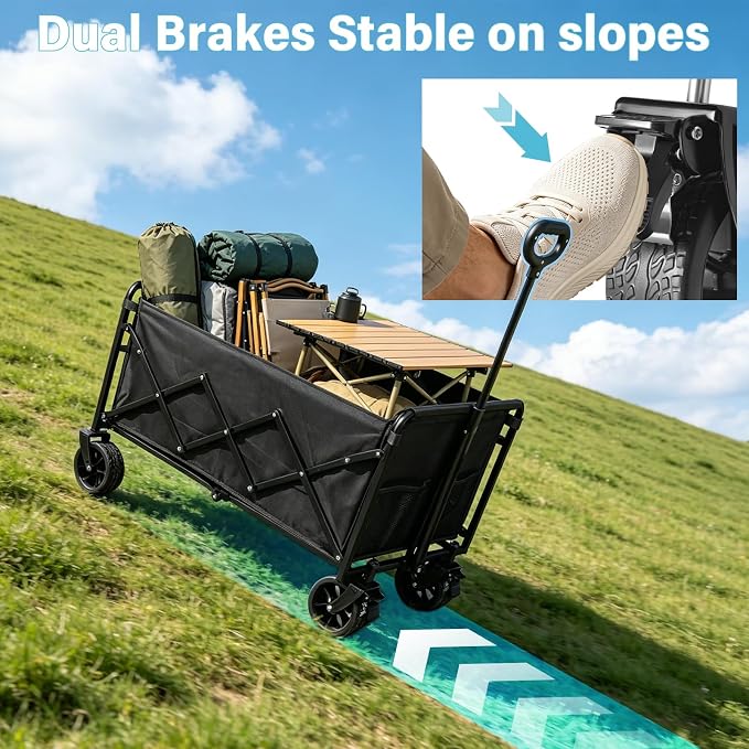 600LBS Beach Wagons Carts Foldable for Sand, Heavy Duty Collapsible Wagon with Brakes & All-Terrain Big Wheels, Large Foldable Folding Wagons for Beach Camp Sports Grocery, Portable